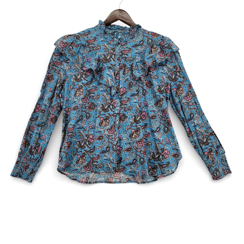 LOFT XL Cotton Boho Peasant Blouse‎ Blue Paisley Ruffle Long Sleeve NWT